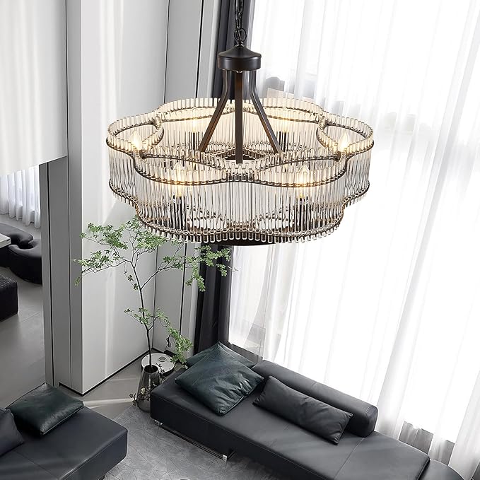 6 Light Modern Crystal Chandelier Dining Room Light Fixture Black Round with Crystal Rods Pendant Lighting Adjustable Farmhouse Wagon Wheel Light Fixture for Living Room,Kitchen,Foyer