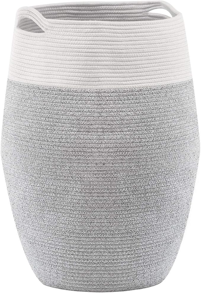 Cotton Rope Laundry Hamper by YOUDENOVA, 105L - Woven Collapsible Laundry Basket - Clothes Storage Basket for Blankets, Laundry Room Organizing, Bedroom Storage, Clothes Hamper – Grey & White