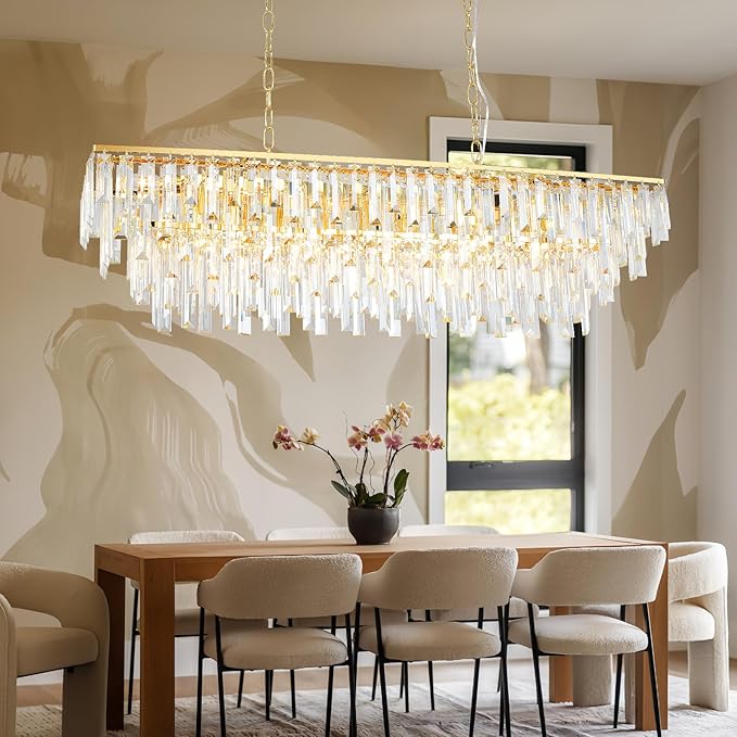 Rectangular Dining Room Chandelier, 40" Gold Modern Rectangle Luxury Crystal Chandelier 12 Lights Top K9 Linear Ceiling Pendant Light Fixture for Dining Room Kitchen Table Living Room