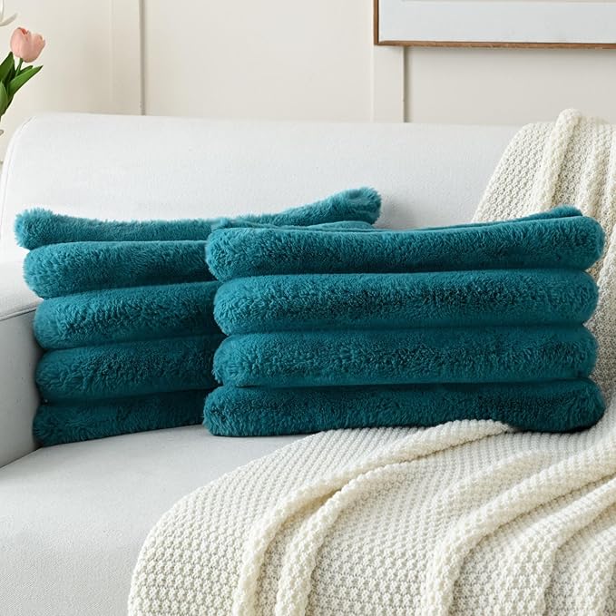 FUTEI Teal Decorative Throw Pillow Covers 12x20 Inch Set of 2, Square Soft Faux Rabbit Fur Big Striped Cushion Cover,Home Decor for Couch Sofa Bed Living Room
