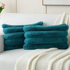 FUTEI Teal Decorative Throw Pillow Covers 12x20 Inch Set of 2, Square Soft Faux Rabbit Fur Big Striped Cushion Cover,Home Decor for Couch Sofa Bed Living Room