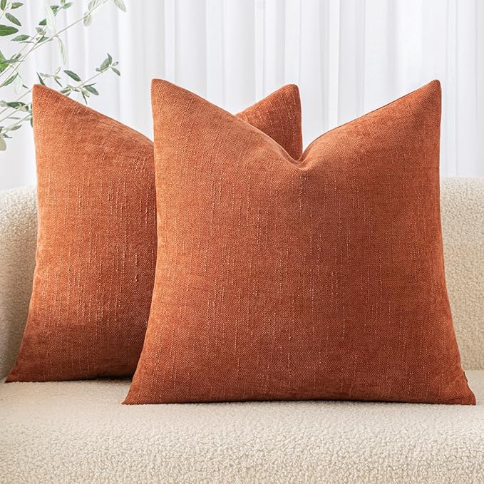 MIULEE Pack of 2 Fall Decorative Throw Pillow Covers Soft Chenille Throw Pillows Solid Textured Cushion Covers Home Decor for Couch Sofa Bedroom Living Room 18x18 Inch, Burnt Orange
