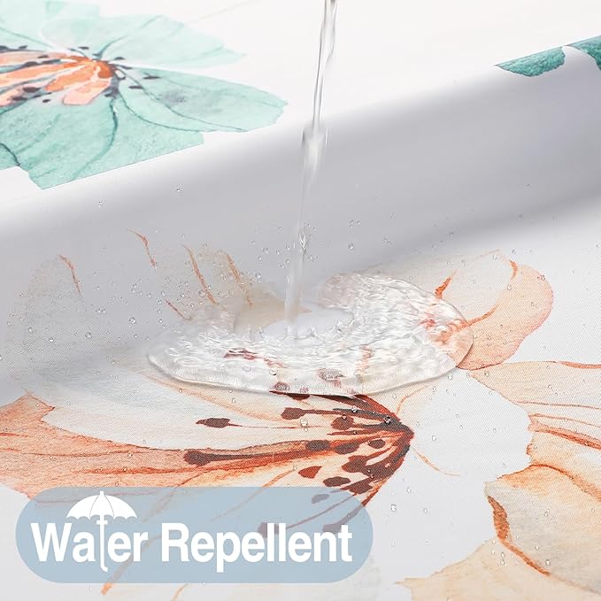 QiyI Flower Shower Curtain with Snap in Liner, Teal Watercolor Floral Cloth for Bathroom, No Hook Shower Curtains with Mesh Top Window, Fabric Waterproof Bathroom Set, 72 x 75 Inch