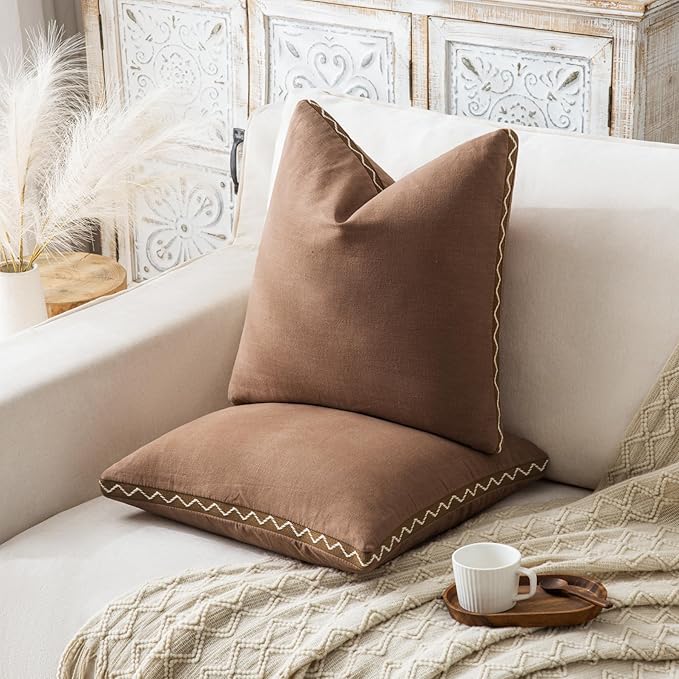 Decorative Neutral Linen Throw Pillow Covers 20x20 Inch Set of 2, Terracotta Boho Farmhouse Pillow Covers with Braid Fringe for Sofa Bed Modern Couch Pillow Cases for Organic Home Decor