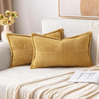 MIULEE Decorative Lumbar Throw Pillow Covers for Couch Bed Livingroom 12x20 Inch Set of 2 Gold Boho Accent Throw Pllows Broadside Striped Patchwork Soft Corduroy Summer Pillowcases