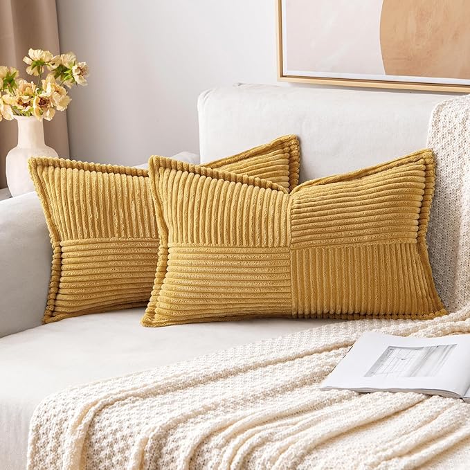 MIULEE Decorative Lumbar Throw Pillow Covers for Couch Bed Livingroom 12x20 Inch Set of 2 Gold Boho Accent Throw Pllows Broadside Striped Patchwork Soft Corduroy Summer Pillowcases