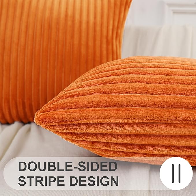 Simmore Decorative Fall Throw Pillow Covers 20x20 Set of 2, Soft Natural Plush Flannel Double-Sided Fluffy Couch Pillow Covers for Sofa Living Room, Orange