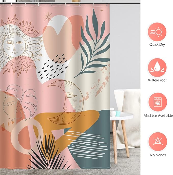 Aimego Boho Shower Curtain Modern Abstract Minimalist Sun Moon Plant Leaves Bohemian Shower Curtain Set with 12 Hooks for Bathroom Decor, 72"x72"