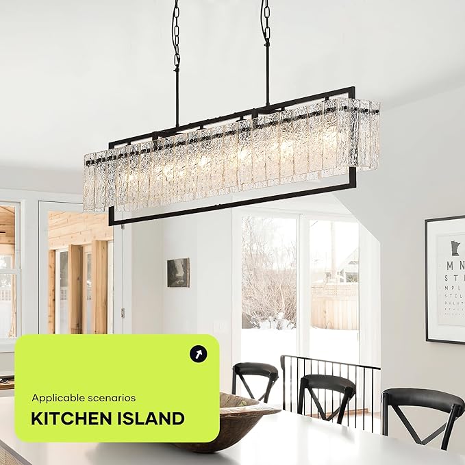 Modern Rectangle Black Crystal Chandeliers for Dining Room, 6 Lights 44" Large Rectangular Water Ripple Glass Kitchen Island Light Fixture, Linear Farmhouse Pendant Light Fixture Over Table