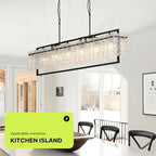 Modern Rectangle Black Crystal Chandeliers for Dining Room, 6 Lights 44" Large Rectangular Water Ripple Glass Kitchen Island Light Fixture, Linear Farmhouse Pendant Light Fixture Over Table