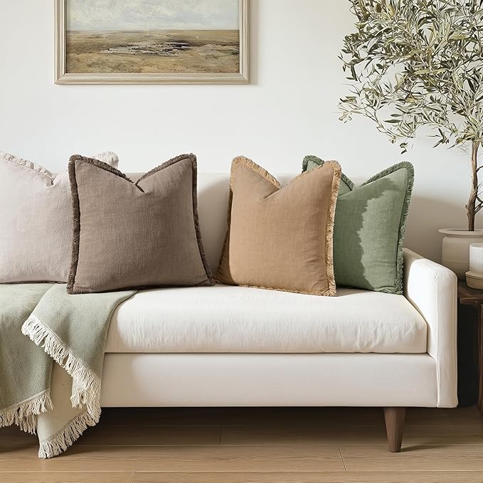 EMEMA Linen Fringe Throw Pillow Covers Set of 2 Boho Farmhouse Accent Decorative Pillowcase with Tassels for Couch Sofa Bed Living Room Home Decor 22x22 Inch,Sage Green