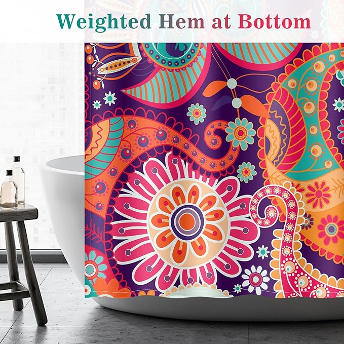 Aimego Stall Small Shower Curtain - Boho Paisley Floral Mandala Indian Bohemian Colorful Flowers Narrow Half Fabric Cloth Shower Curtain Set with 12 Hooks Bathroom Decor Bath Curtain, 36"x72"