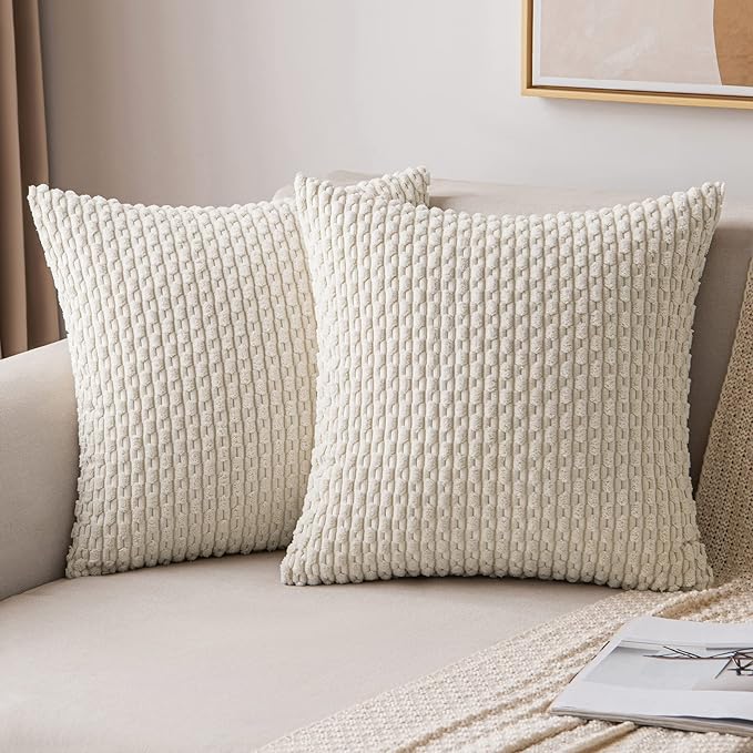 MIULEE Pack of 2 Decorative Throw Pillow Covers 18x18 Inch Soft Boho Striped Textured Corduroy Pillow Covers Modern Farmhouse Home Decor for Couch Bed Sofa Living Room Cream White