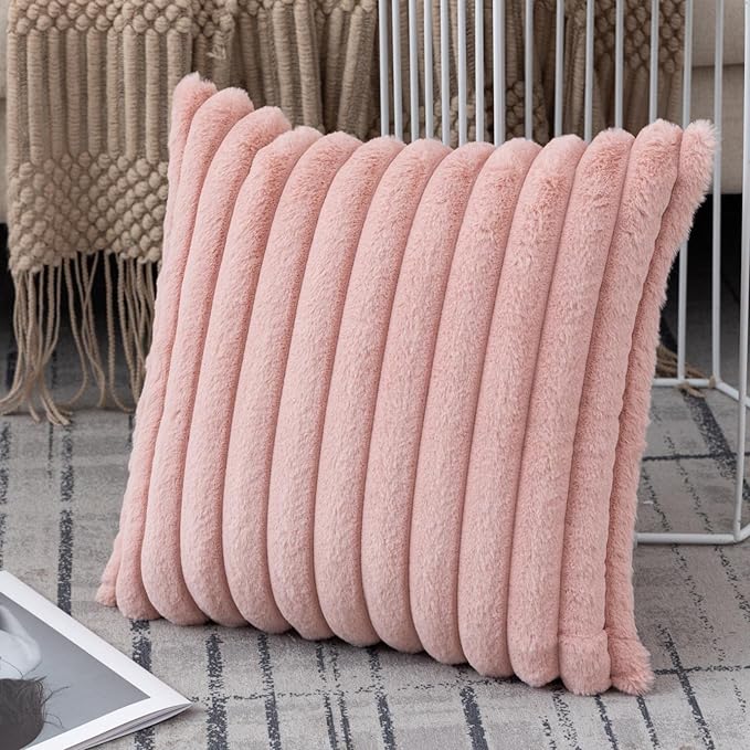 ZLINA Set of 2 Baby Pink Faux Fur Decorative Throw Pillow Covers Fluffy Striped Pillowcase Cushion Covers 20 x 20 Inch Decor Sofa Couch Bedroom