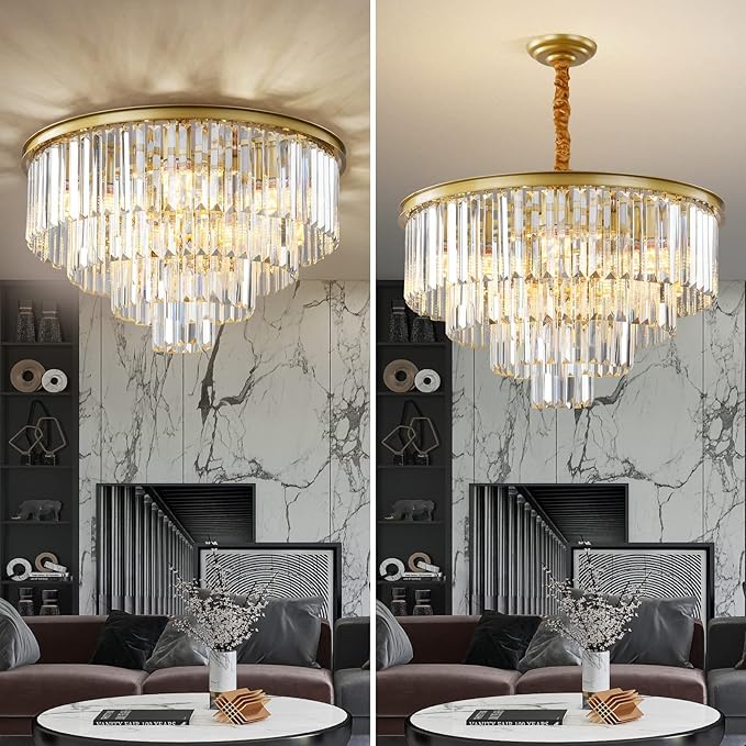 Gold Modern Crystal Chandelier, 4-Tier Round Flush Mount Ceiling Light Fixtures Height Adjustable Pendant Lighting for Dining Room Living Room Bedroom Kitchen Hotel Foyer