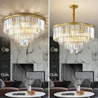 Gold Modern Crystal Chandelier, 4-Tier Round Flush Mount Ceiling Light Fixtures Height Adjustable Pendant Lighting for Dining Room Living Room Bedroom Kitchen Hotel Foyer