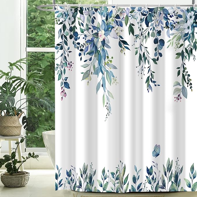 Eucalyptus Shower Curtain, Dark Blue Watercolor Leaves with Floral Botanical Bathroom Decor, Waterproof Fabric Bath Curtain Set with Hooks, 72x72 Inches
