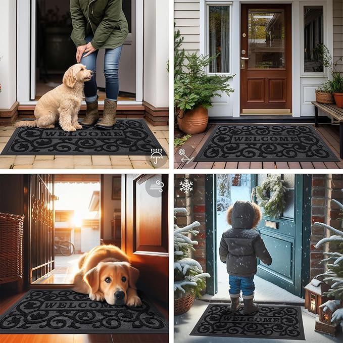 Smiry Welcome Door Mat Outside Entrance, Heavy Duty Trap Dirt and Moisture Easy Clean Low Profile Patio Porch Indoor Outdoor Front Doormat for Entry, 29.5x17 Inch, Black/Welcome