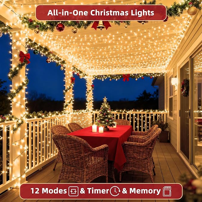 240FT Christmas Lights Outdoor, 750 LED Christmas Tree Decoration Lights with 12 Modes & Timer Memory, Dimmable Plug In Waterproof LED Xmas Light for Yard Trees Wedding Party Holiday Warm White