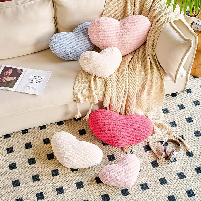 Dusty Blue Heart Pillows, 15.7" Cute Heart Decorative Pillow, Stripe Heart Shaped Plush Throw Pillows for Bed