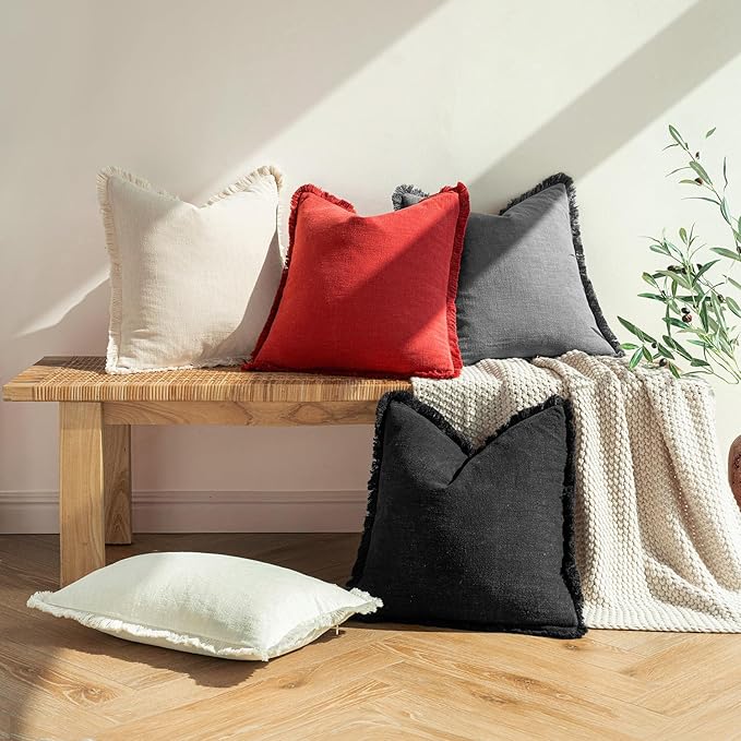 MIULEE Christmas Decorative Lumbar Throw Pillow Covers Neutral Linen Fringe Throw Pillows Set of 2 Red Boho Farmhouse Cushion Covers with Tassels for Couch Sofa Bed Living Room Home Decor 12x20 Inch