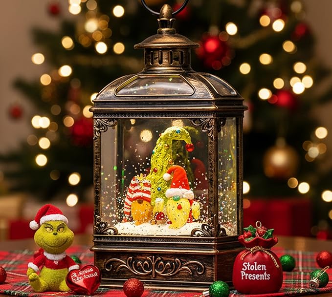 Christmas Snow Globe Lantern Water Glittering Gnomes Scandinavian Santa Elf with Music, USB Lined/Battery Operated Lighted Lantern for Christmas Festival Decoration Gifts