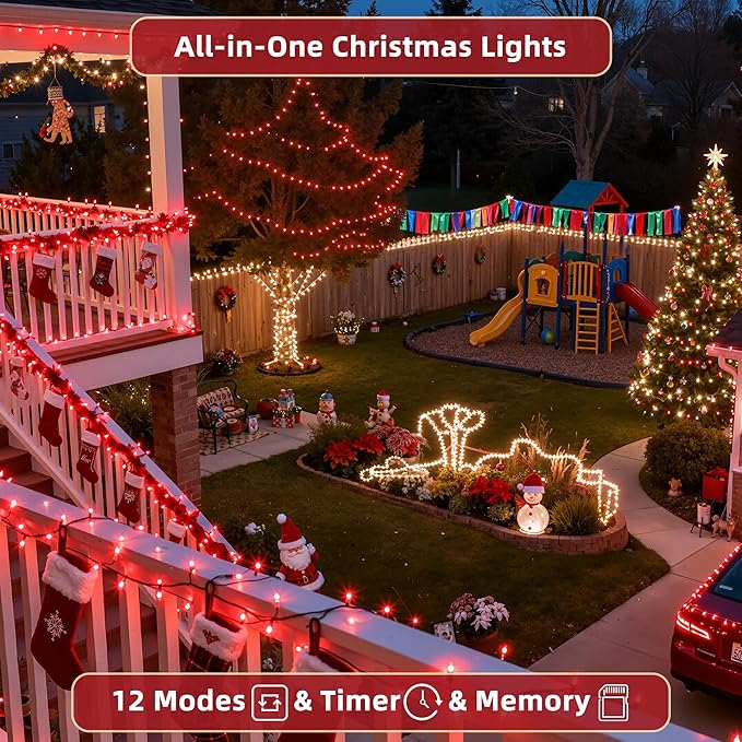 300LED 75FT Christmas Lights Indoor, LED Christmas Tree Decoration Lights with 12 Modes & Timer Memory, Dimmable Plug in Waterproof LED Xmas Light for Yard Trees Wedding Party Holiday Red
