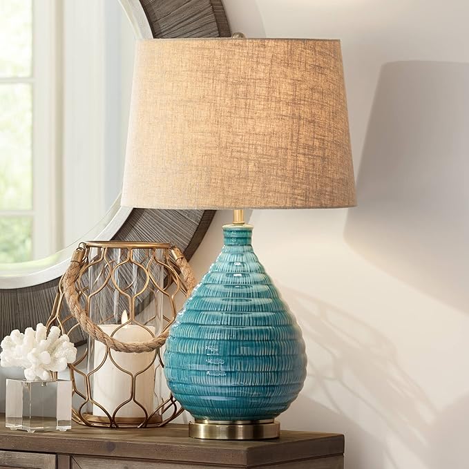 360 Lighting Kayley Mid Century Modern Coastal Table Lamp Textured Ceramic 24" High Sky Blue Glaze Linen Fabric Tapered Drum Shade for Living Room Bedroom House Bedside Nightstand Home