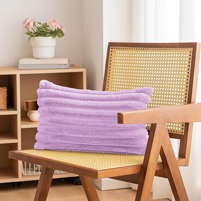 Double-Sided Faux Fur Plush Throw Pillow Covers 12x20 Set of 2 Fuzzy Striped Soft Cozy Pillowcase Luxury Decorative Lumbar Pillows Fluffy Rectangle Cushion Cover for Couch Bed,Purple