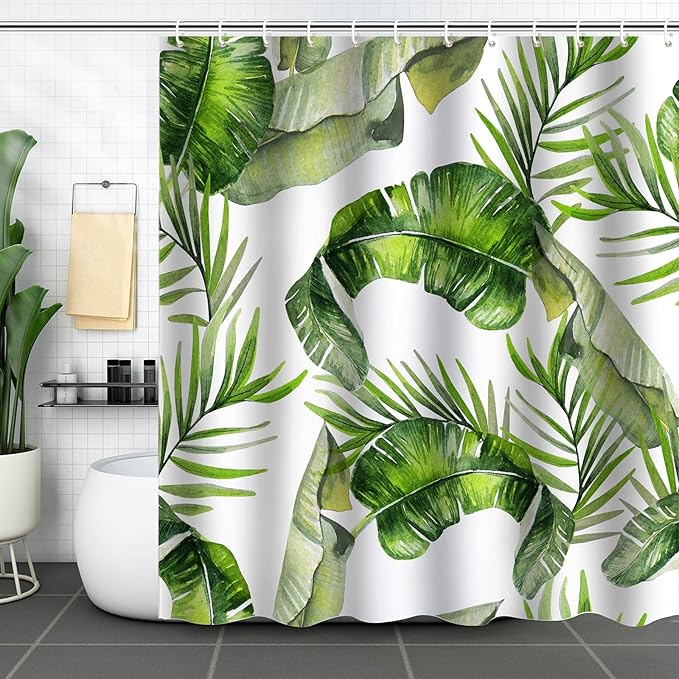 Tropical Leaves Shower Curtain Green Palm Banana Leaf Plant Botanical Shower Curtains for Bathroom Waterproof Polyester Fabric Bathroom Curtain 72 x 72 Inch with 12 Hooks