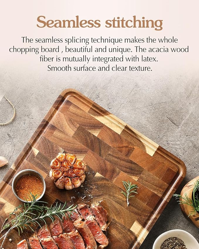 XINZUO Acacia Wood End Grain Cutting Board (13.8''L x 9.8''W x 1''T)-Wooden Chopping Board with Non-Slip Feet, Side Handles and Juice Groove
