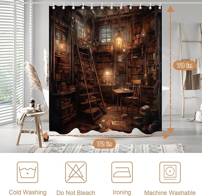 Vintage Medieval Library Shower Curtain Antique Room for Study Theme Bathroom Bathtubs Fabric Shower Curtain Set with 12 Hooks 72x78 inches Polyester Machine Washable, Yellow and Black