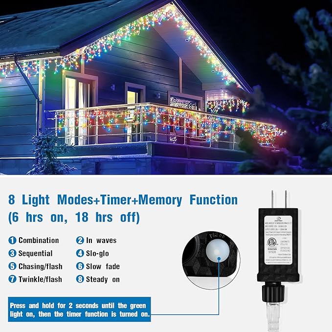 32.8ft 400 LED Icicle String Lights, 8 Modes Waterproof Icicle Christmas Lights Outdoor with Memory Function, Curtain Fairy Lights Hanging Decor for Home, Party, Christmas & Halloween (Multicolor)