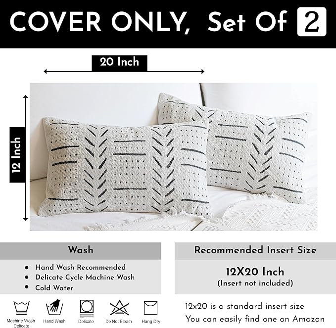 BlissBlush Off White Decorative Lumbar Throw Pillow Covers 12X20, Set of 2, Boho Farmhouse Cushion Cover, Soft Accent Pillowcase for Couch Sofa Bed Living Room Home Décor