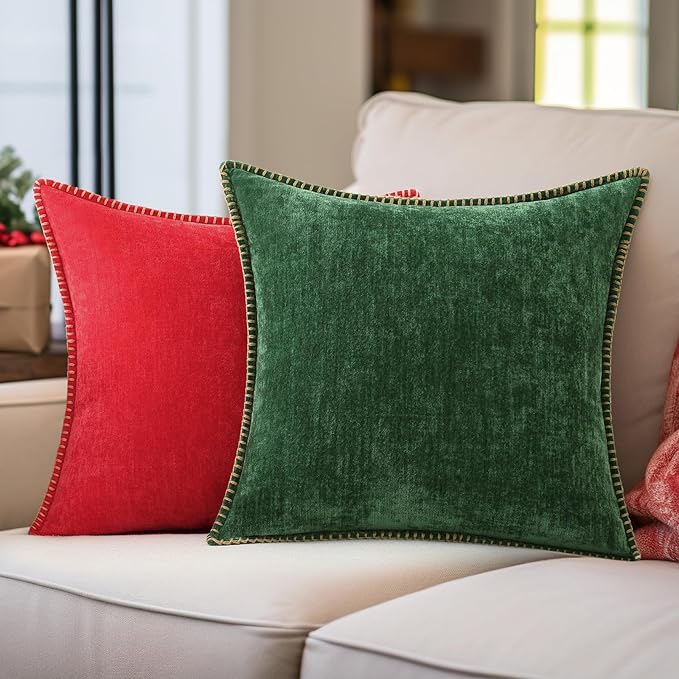 decorUhome Christmas Chenille Soft Throw Pillow Covers 20x20 Set of 2, Farmhouse Velvet Neutral Decorative Euro Pillow Covers with Stitched Edge for Couch Sofa Bed Home Decor, Green