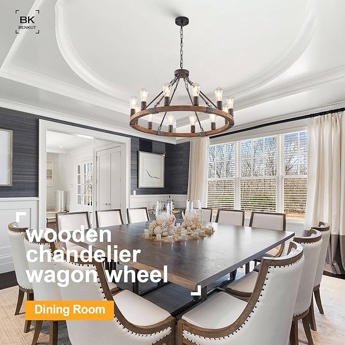 Farmhouse Wagon Wheel Chandelier 31" Black Rustic Light Fixtures 12-Light Wood Round Chandelier for Dining Room Living Room Entryway Foyer