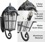 Emliviar Exterior LED Solar Wall Sconce with Remote Control, 24'' Front Door Wall Lantern with Water Grain Glass Shade, Waterproof Solar Black Wall Light with E26 Bulb, YXE302MB-SL BK