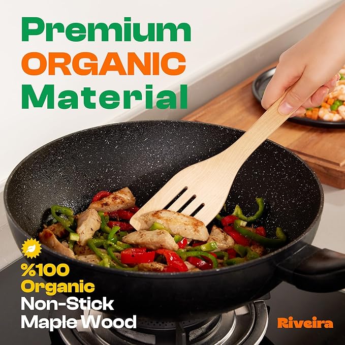 Riveira Maple Wooden Cooking Utensils Set of 9 Premium Quality Non-Toxic Wooden Spoons & Spatulas for Cooking, Stirring, Serving & Flipping