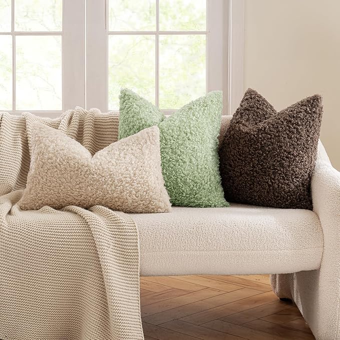 MIULEE Pack of 2 Light Green Faux Fur Throw Pillow Covers 18x18 Inch Boucle Decorative Sherpa Pillow Covers Fuzzy Accent Soft Sheepskin Fleece for Boho Home Decor Sofa Living Room Couch Bed