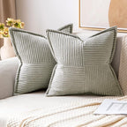 MIULEE Decorative Throw Pillow Covers for Couch Bed Livingroom 18x18 Inch Set of 2 Light Grey Boho Accent Throw Pllows Broadside Striped Patchwork Soft Corduroy Pillowcases