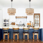18.9" Rattan Farmhouse Chandelier 5-Light Large Boho Wicker Pendant Light Fixtures Hanging Coastal Drum Lighting Hand 2 Tier Woven Chandeliers for Living Room Dining Room Kitchen Island Foyer Entryway