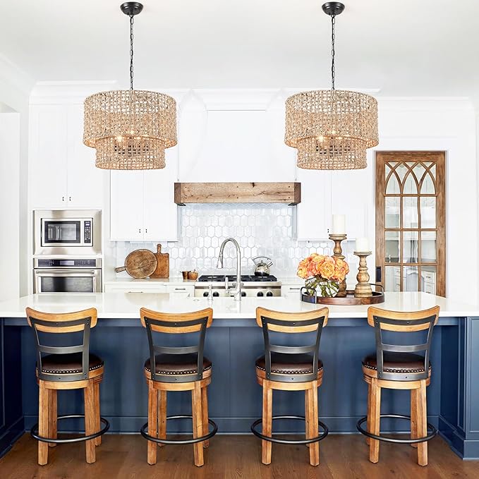 18.9" Rattan Farmhouse Chandelier 5-Light Large Boho Wicker Pendant Light Fixtures Hanging Coastal Drum Lighting Hand 2 Tier Woven Chandeliers for Living Room Dining Room Kitchen Island Foyer Entryway