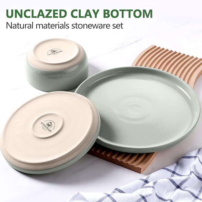 LIANYU Plates and Bowls Sets, 18 Piece Modern Speckled Dinnerware Set, China Dinnerware Dishes, Service for 6, Scratch Resistant & Dishwasher Safe, Fog Green