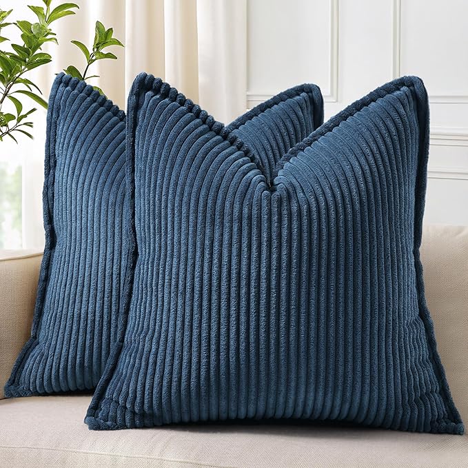 decorUhome Corduroy Navy Blue Throw Pillow Covers 26x26 Set of 2 Decorative Soft Boho Farmhouse Euro Couch Pillow Covers for Living Room Bed Sofa Broadside Striped Pillow Cases