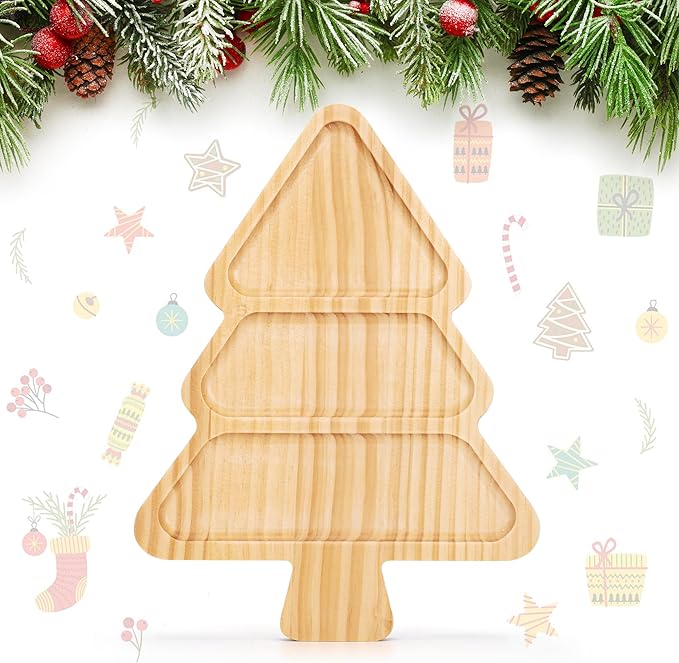 Christmas Tree Shaped Wooden Serving Tray - 12" Charcuterie Board for Cheese, Snacks, Appetizers & Desserts - Holiday Platter with Handles, Christmas Decorative Tray (12 x 8.7 x 0.6 Inches)