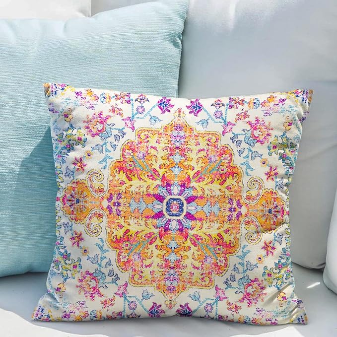 Snycler Orange Blue Ethnic Boho Pillow Covers 16x16 in Boho Carpet Cream Coral Floral Decorative Couch Pillow Cases with Zipper Set of 2 Home Decor for Living Room Bedroom Bed Cushion Outdoor