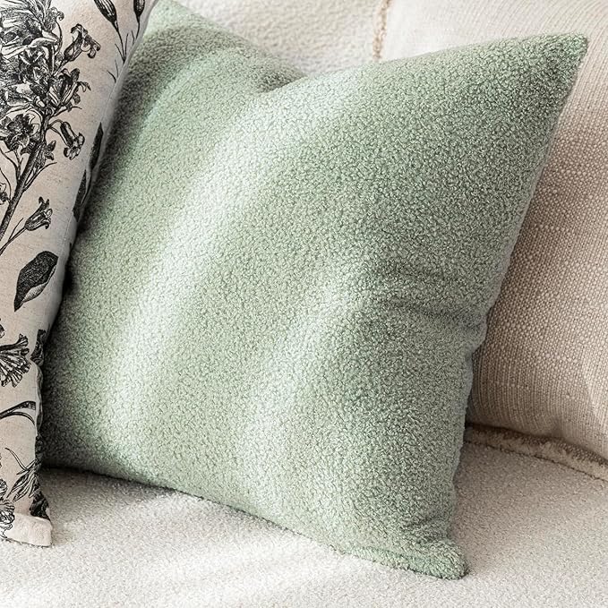 Foindtower Pack of 2, Curly Faux Fur Decorative Throw Pillow Covers Soft Fuzzy Plush Cushion Case with Zipper Cozy Pillowcase for Home Living Room Couch Bed Sofa 18 x 18 Inch, Sage Green