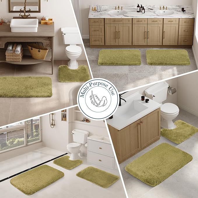 Walensee Bath Rug - Non Slip, Soft Microfiber Shaggy Bath Mat (20 x 32, Olive Green) Water Absorbent, Machine Washable, Thick Plush Shower Mat