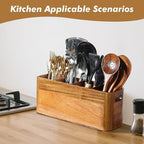 Kitchen Utensil Holder for Counter or Countertop, Extra Large Acacia Wood Organizer with 4 Compartments, Wooden Storage for Cooking and Silverware, Rustic Minimalist Decor, Sturdy Utensil Crock