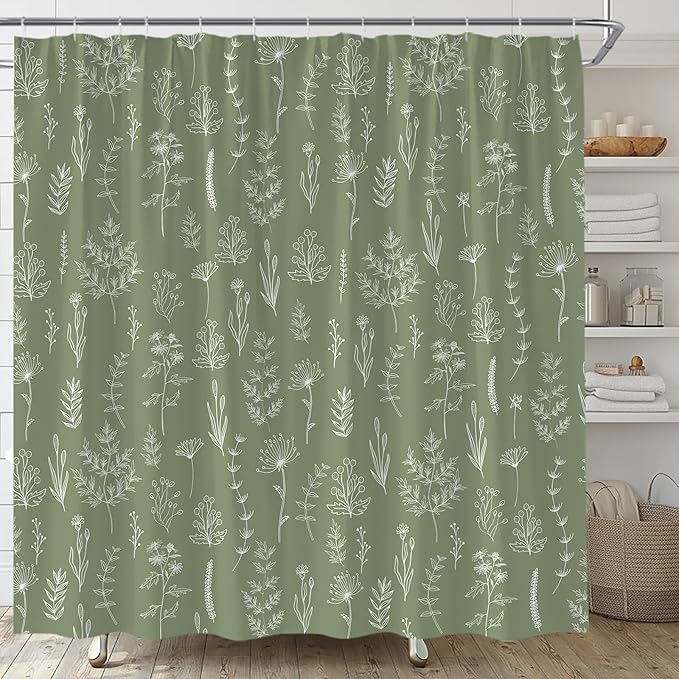 Sage Green Herbs Shower Curtain Boho Floral Retro Botanical Vintage Farmhouse Cute Leaves Plant Flowers Bathroom Curtain Set with Hooks(36" WX70 H)